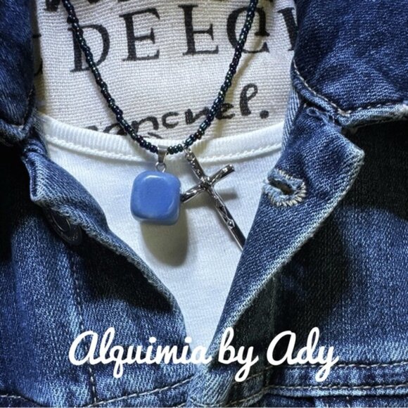 Charms nest beaded chunky silver cross Lapis Lazuli short boho necklace - Picture 2 of 2